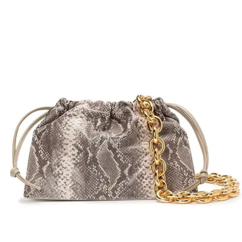 Yuzefi Snake-Print Mini Drawstring Bag in Taupe with Gold Chain